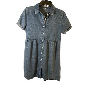 Y2K Jean Collared Denim Dress Large, School Girl Style, Short Sleeve, Button-Up
